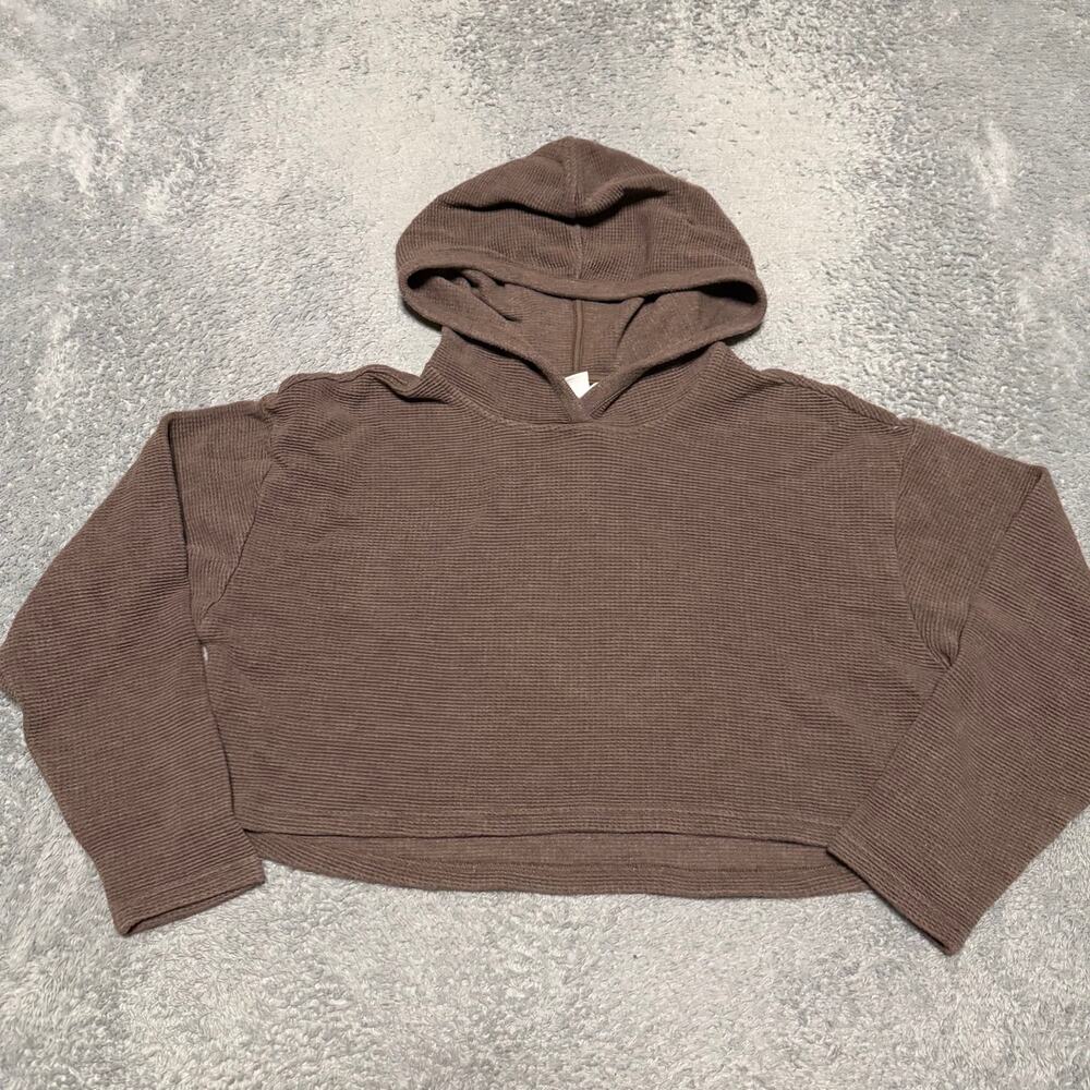 Athleta Tranquil Waffle Knit Hoodie Womens Medium Brown Cropped Oversized